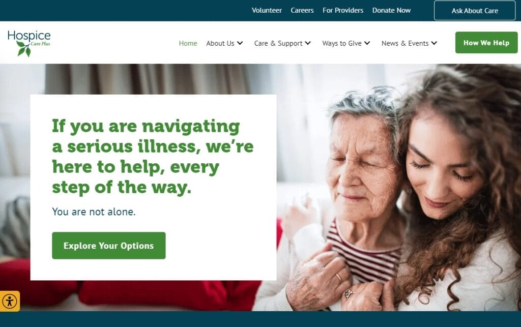 View of Hospice Care Plus's new home page.