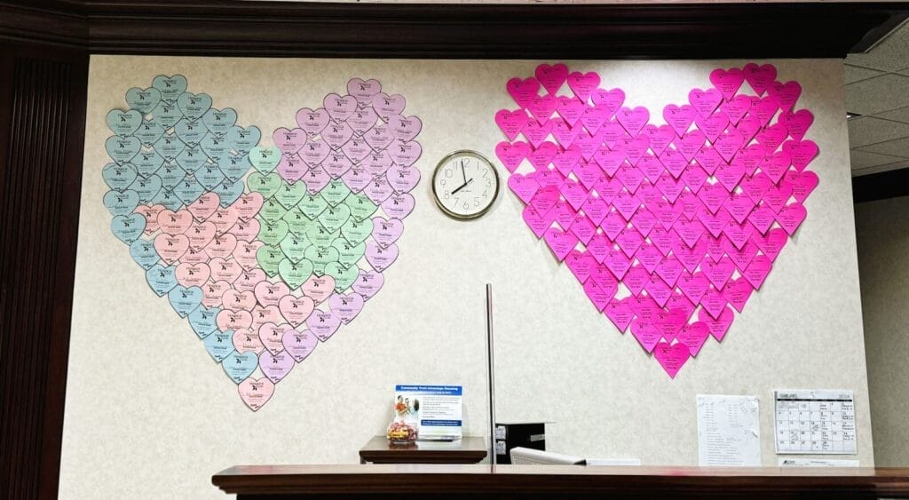 Hearts for Hospice displayed at Community Trust Bank in 2024