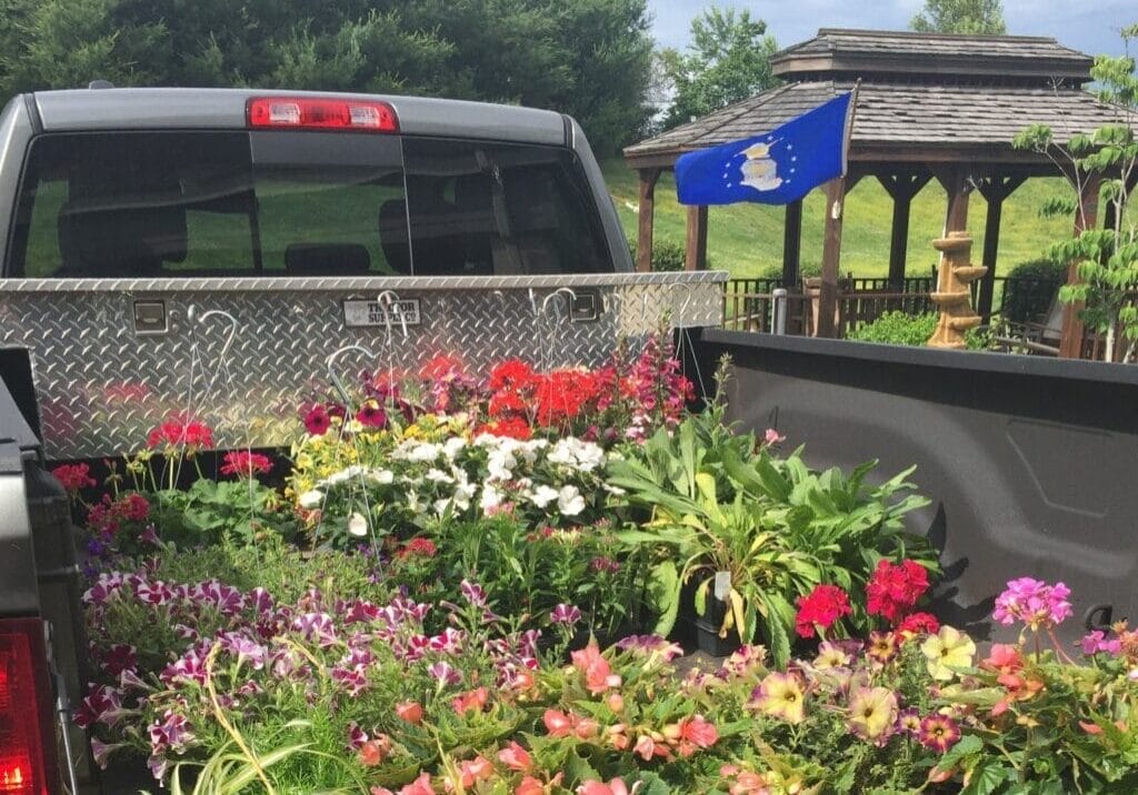 Truck load of beautiful flowers donated by Williams Greenhouse in Berea crp