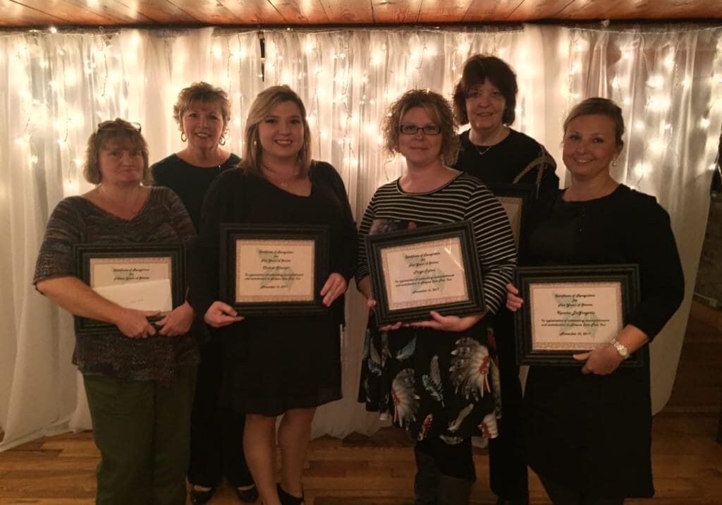 Hospice Plus years-of-service award winners, from left: Connie Kates, nurse aid, 15 years; Donna Tapley, secretary, 20 years; Chelsea Shearer, nurse aid, five years; Paige Tipton, healthcare liaison, five years; Joyce Whallen, billing specialist, 10 years; and Kacelia DeGregorio, insurance coordinator, five years.